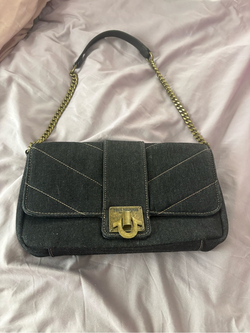 True Religion Black Denim Shoulder Bag with Gold Chain Strap